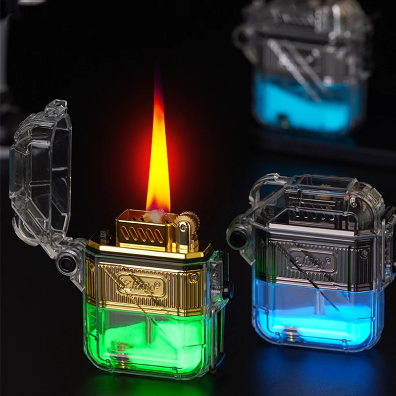 

Retro Night Light Flowing Sand Kerosene Lighter Waterproof Transparent Shell Creative Grinding Wheel Ignition Lighter Men's Gift