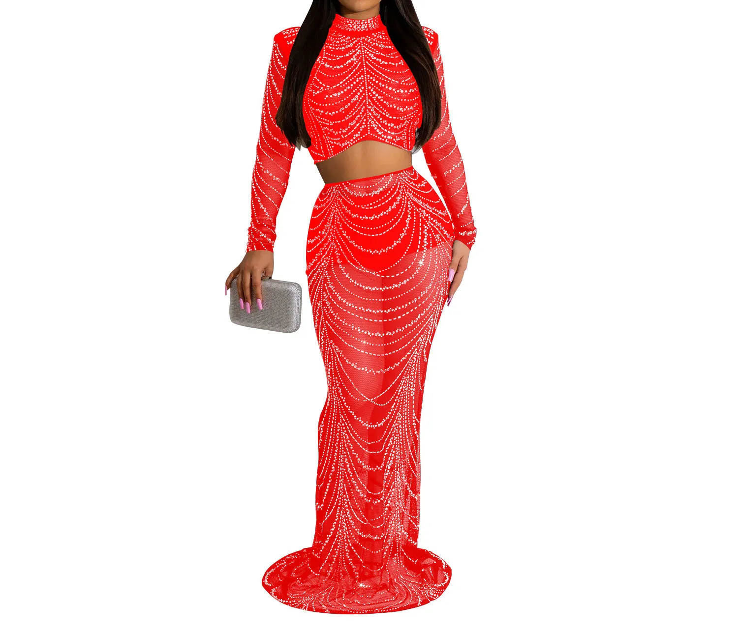 Skirt Set for Women Autumn and Winter New Fashion Solid Color Mesh Yarn Hot Drilling Long Sleeve Shirt and Long Skirt