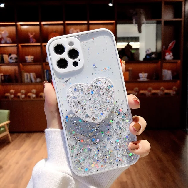Case for iPhone 11 13 12 Pro Max Mini Case for iPhone 7 8 6 6S Plus XR X XS Max Cases Glitter Sequins Silicon Cover Phone Holder White