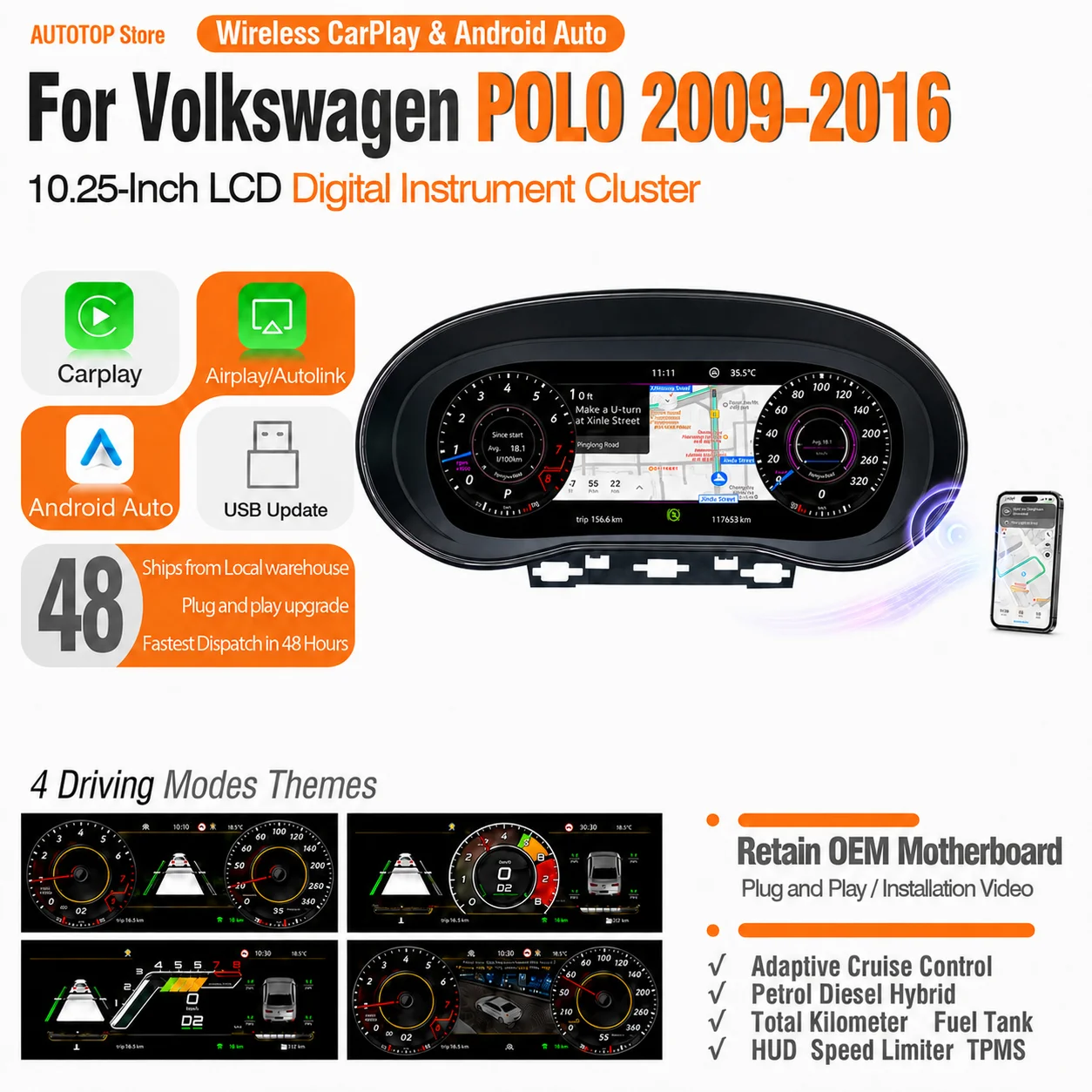 AUTOTOP Panel de Instrumentos Digital LCD de 12.3" para Volkswagen VW Polo 6R 6C 2009-2016, Actualización de Tablero de Instrumentos Virtual con Pantalla de Control de Velocidad Original, Apple CarPlay Inalámbrico, Android Auto, AirPlay, AutoLink, Navegación GPS, Música y Teléfono. 2