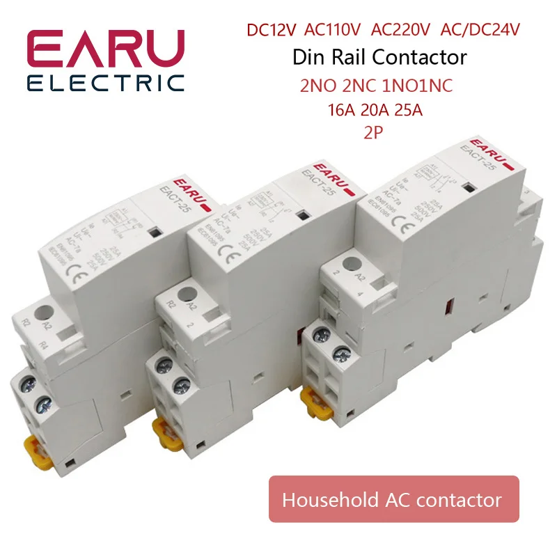 Earu EACT-2P-25 Modular AC Contactor DIN Rail Mount 2P AC 220V 230V 16A 20A 25A 1NO 1NC 2NO 2NC 50/60Hz for Smart Home Hotel