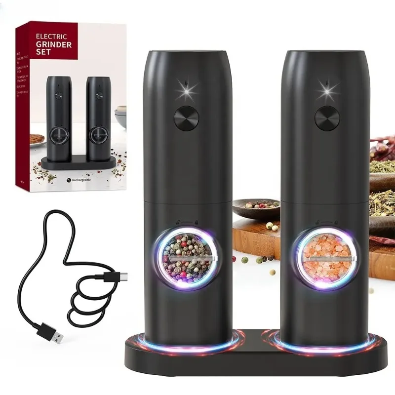 Electric Salt and Pepper Grinder Set USB Rechargeable Adjustable Coarseness Big Capacity Automatic Grinders Kitchen Cooking Tool