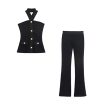 Women 2 Pieces Pants Sets 2025 New Fashion Gold Button Halter Top + Flare Trousers Women's Suit Bodycon Set Woman Outfits - Image 6