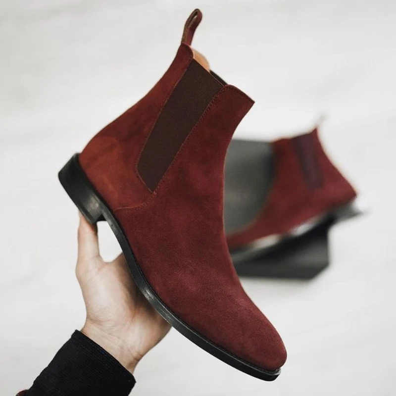 Men Chelsea Boots Business Flock Round Toe Slip-On Size 38-48