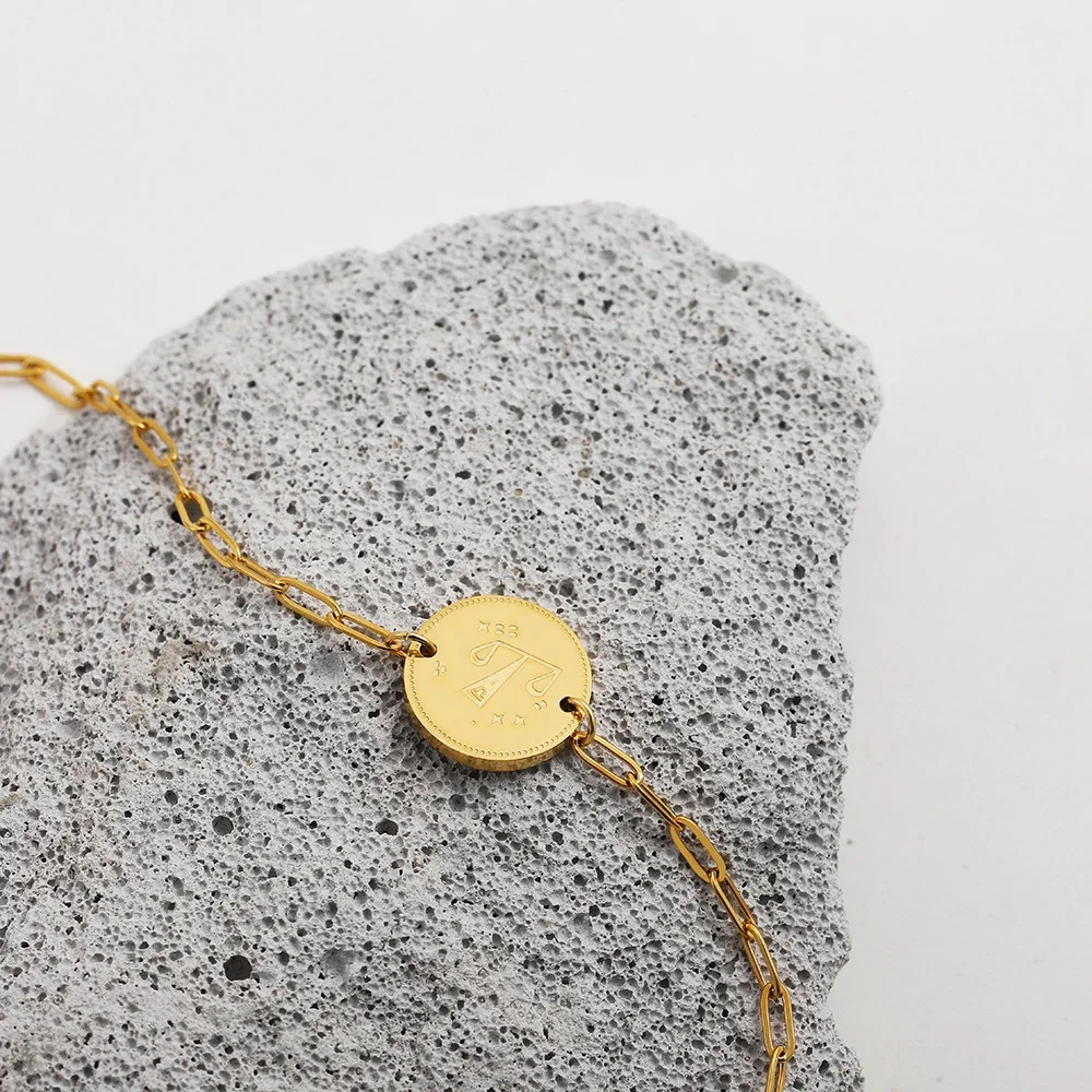 New Handmade Engraved 12 Constellation Pattern Symbol Bracelet Waterproof Hypoallergenic Paper Clip Chain Zodiac Sign Bracelets