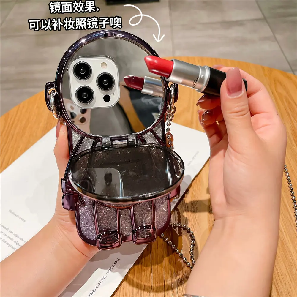 Astronaut Mirror Makeup Clear Crossbody Phone Case with Glitter Shockproof Cover