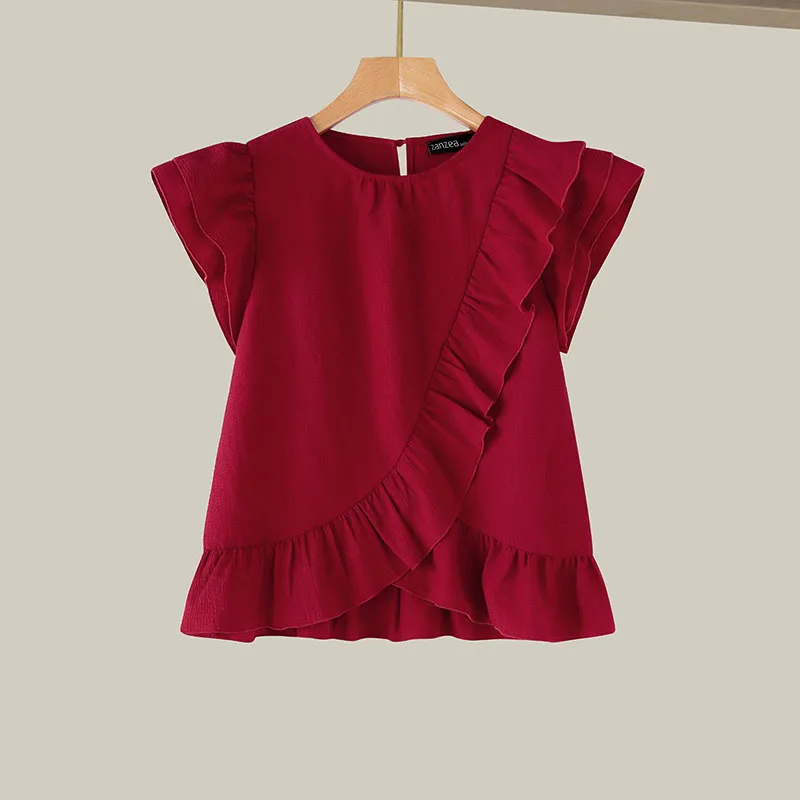 ZANZEA Women Chic Ruffle Blouse Vintage Short Sleeve Peplum Tops Holiday Summer Round Neck Tunic Casual Multilayer Pleated Shirt
