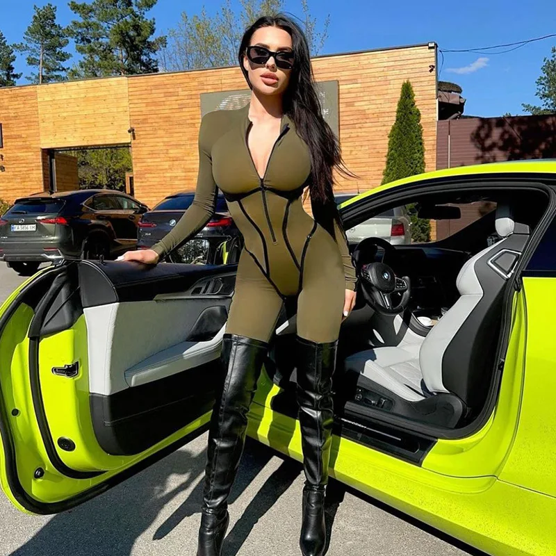 Autumn Women Leather Stripe Split Design Sense Leggings Sexy Spicy Girls Tight Long Sleeve Bodysuit  Jumpsuits Casual Sportswear