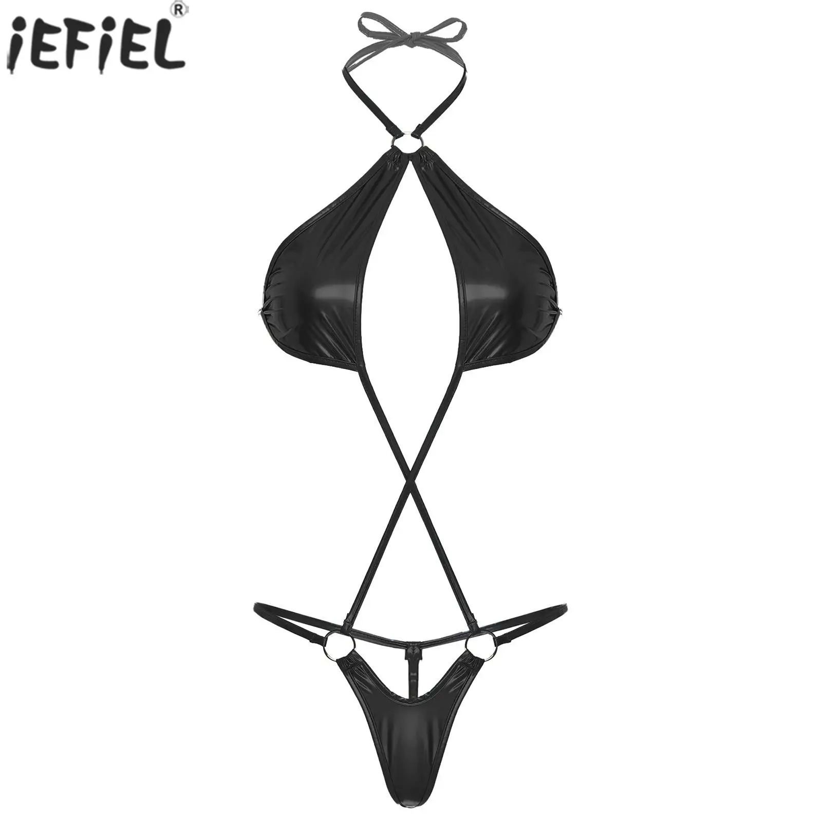 

Sexy Womens One-Piece Swimsuit Halter Neck Backless Leotard O-Ring Lace-up Patent Leather Bodysuit Pool Party Swimwear