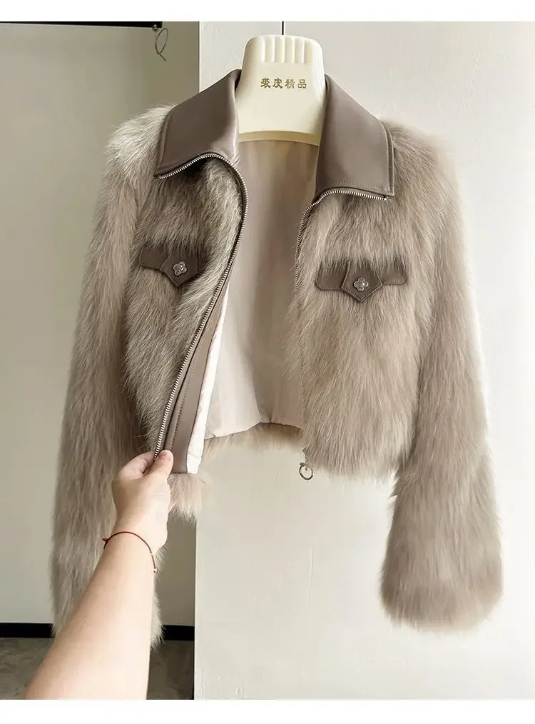 Women's Short Lapel Imitation Fox fur grass Coat 2025 Autumn Winter New Korean version Fashion Thicken Zipper Fur Coat Top