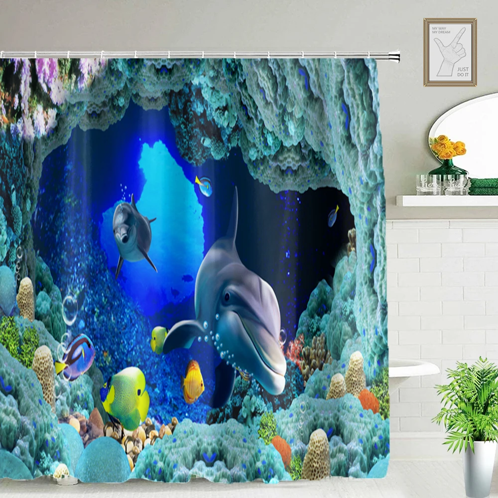 Dolphin Shower Curtain Blue Underwater World Beach Polyester Fabric Kids  Ocean Theme Waterproof Bathroom Decor Set with 12 Hooks - AliExpress, image size:1000x1000