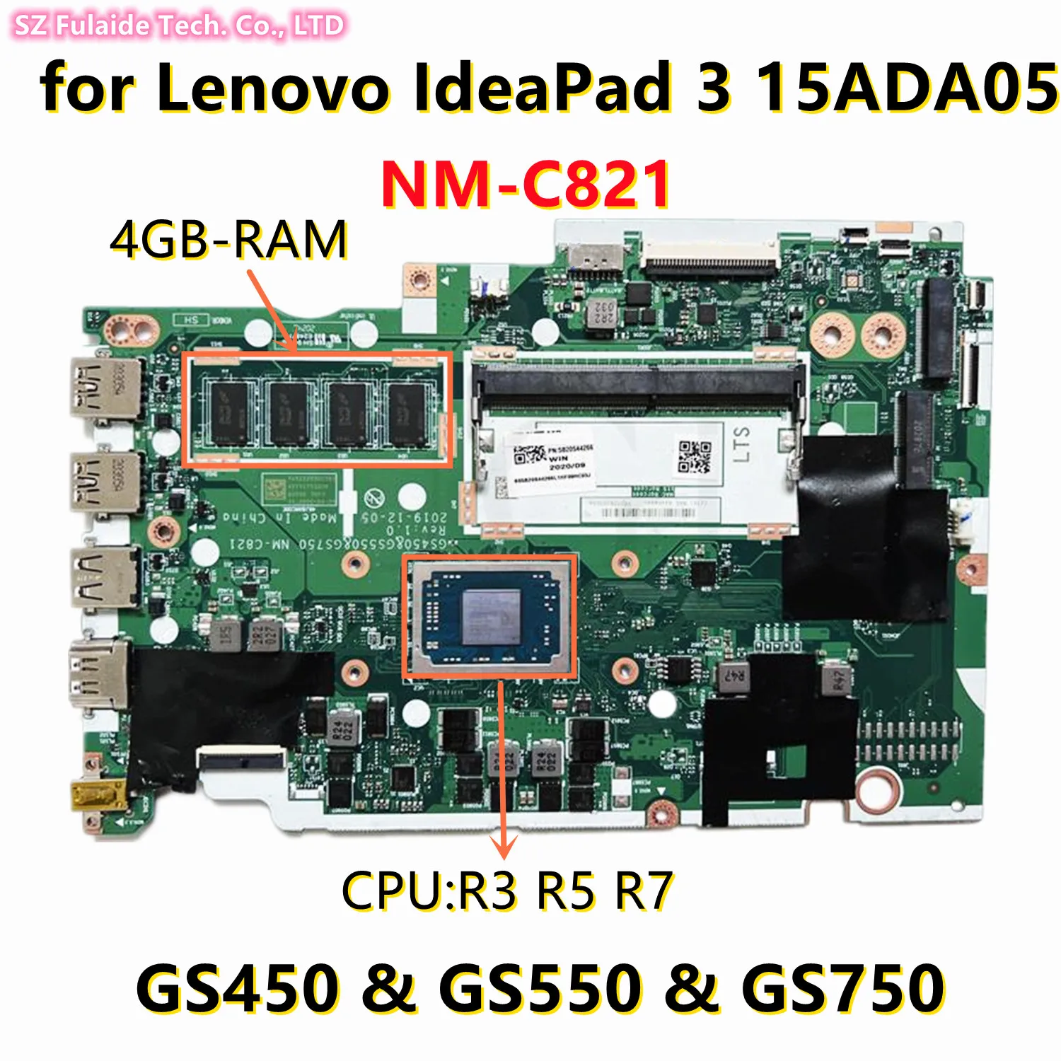 para Lenovo Ideapad 15ada05 Laptop Motherboard com r3 r5 4gb-ram e Gs450 & Gs550 & Gs750 r7 Cpu Mainboard Nm-c821 Nmc821