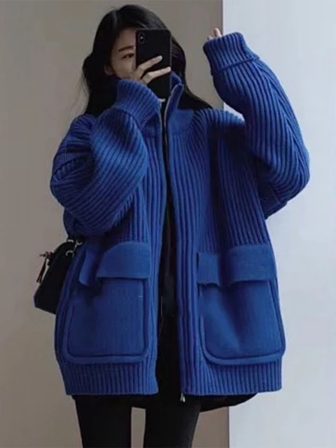 Винтажная однотонная женская водолазка, вязаная одежда, мешковатый теплый дизайнерский свитер на молнии с длинным рукавом и большими карманами, Женский вязаный кардиган, пальто 1