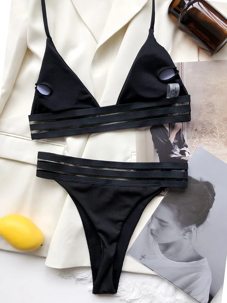 Women's Two-Piece Swimsuit Summer Sexy Bikini Sets Swimwear Black Mesh Stripe Bathers Beachwear