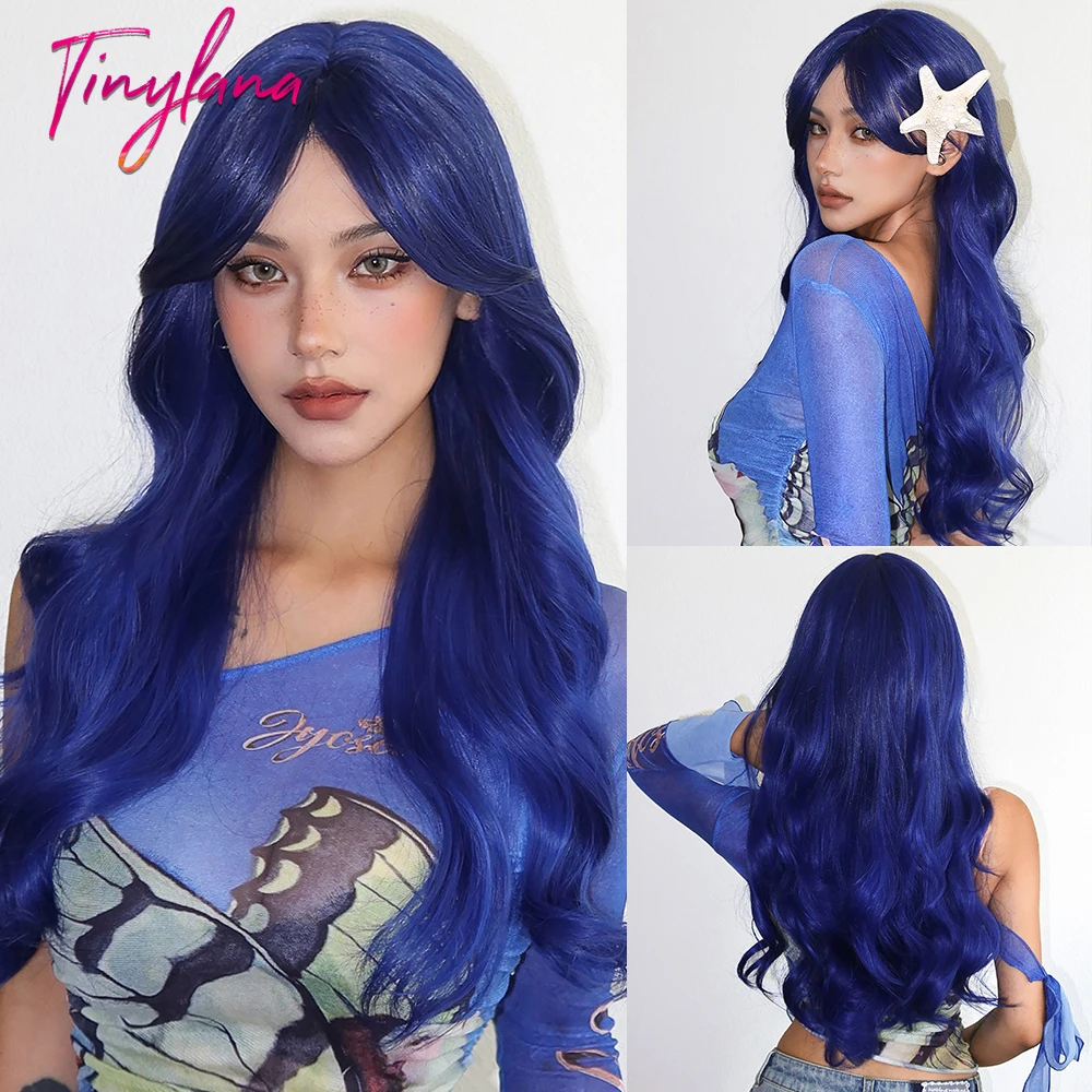 Deep Blue Long Curly Wavy Synthetic Wigs with Bangs for Women