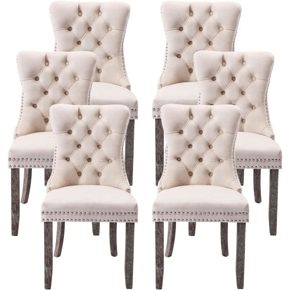 Velvet dining chair set of 6 upholstered dining chairs with ring pull trim button backrest luxury tufted chairs