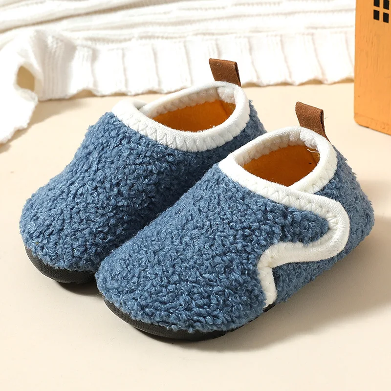 Children Cotton Slippers Solid Warm Kids Winter Home Shoes Boys Girls Plush Floor Shoes Indoor Soft Sole Anti-slip Cotton Shoes