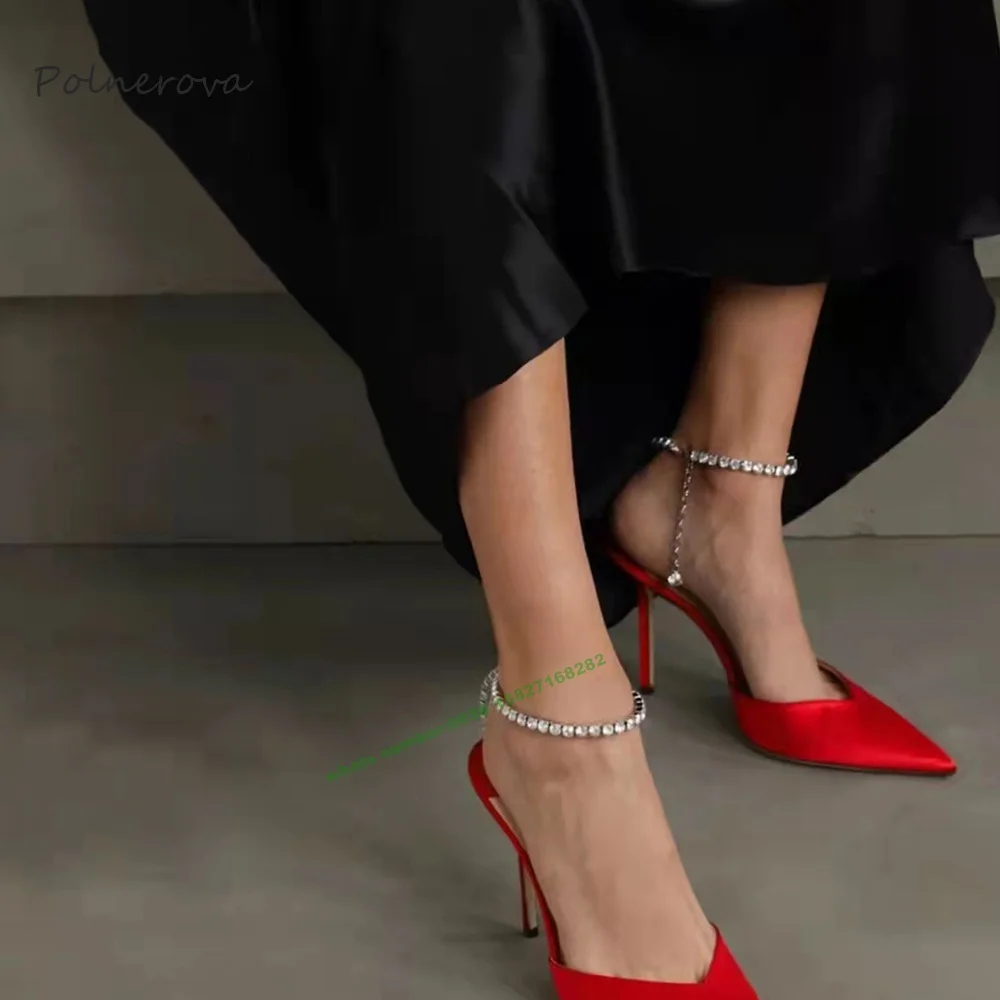 Sexy Leopard Ankle Strap Sandals Gemstone Chain Decoration Thin High Heel Sandals Pointy Toe Party Runway Shoes for Women 2023