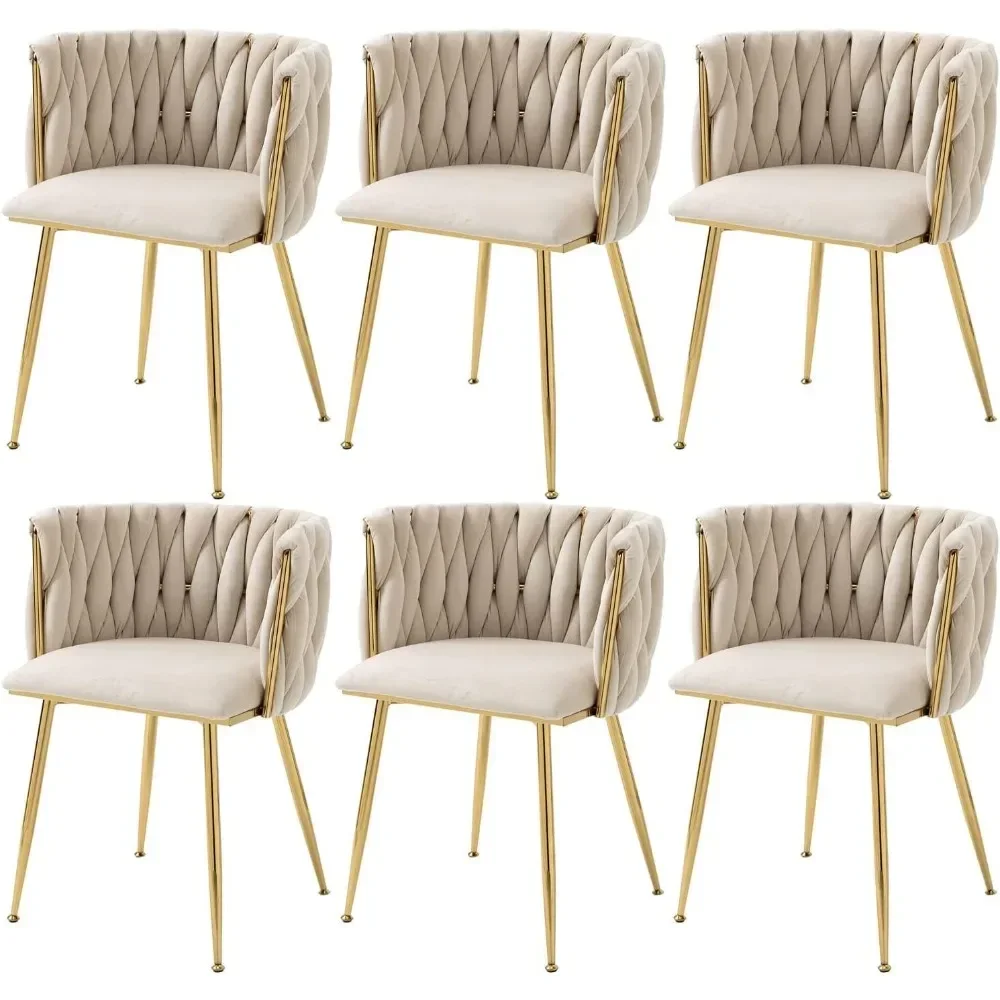 Woven Dining Chairs Set of 6 Velvet Upholstered Dining Chairs Gold Metal Legs Modern Accent Chairs