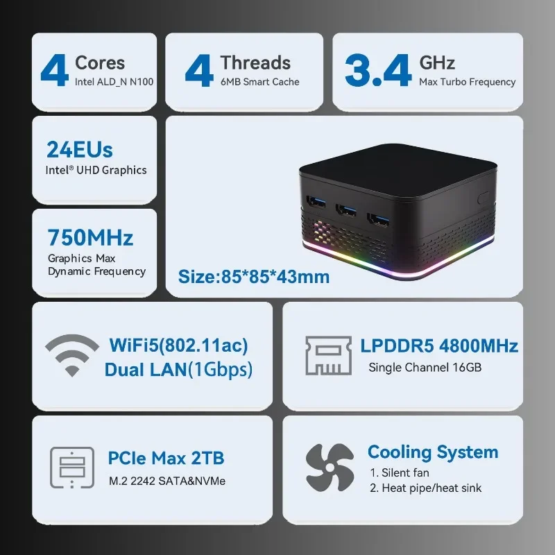 T9 ÷  ھ  ̴ PC,  11,  ˴ ũ N100,16GB LPDDR5 ,256, 512GB, 1TB SSD,  2500M LAN, 3 HD NUC