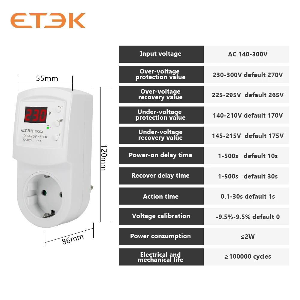 Advanced Overvoltage Protection Relay (16A, AC 140-300V) - Multifunctional Electronic Plug and Socket