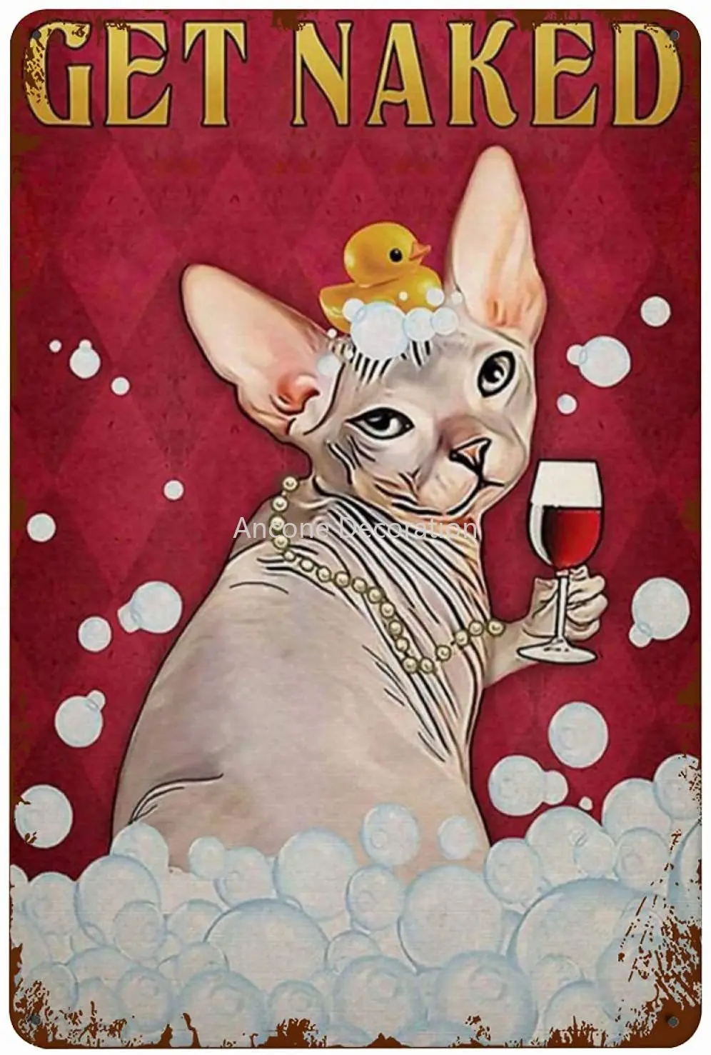 

Retro Metal Tin Sign Sphynx Cat and Wine Lovers Get Naked Vintage Poster Wall Art Print Home Living Bathroom Decor