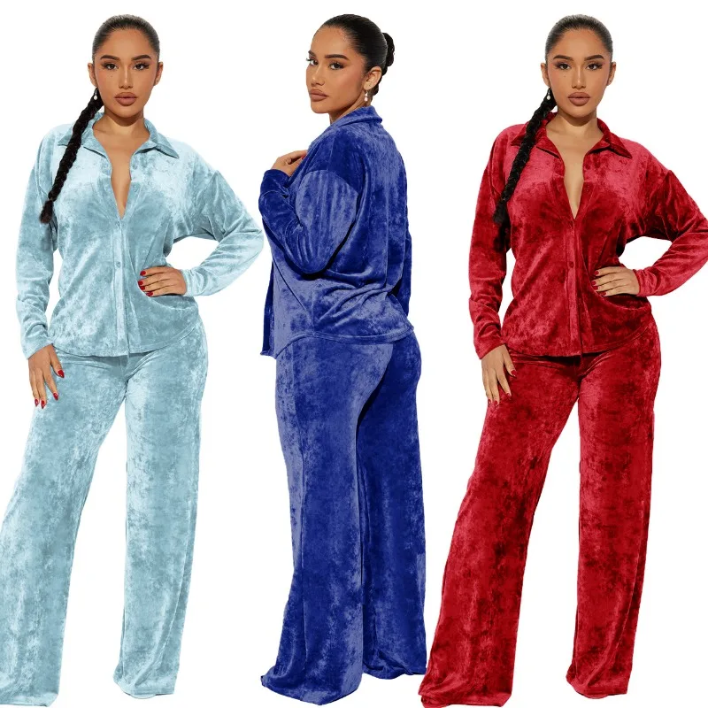 

Модный повседневный Бархатный комплект из 2 предметов, женская одежда, осень 2023, однотонная Свободная рубашка с длинным рукавом, прямые брюки, уличная одежда