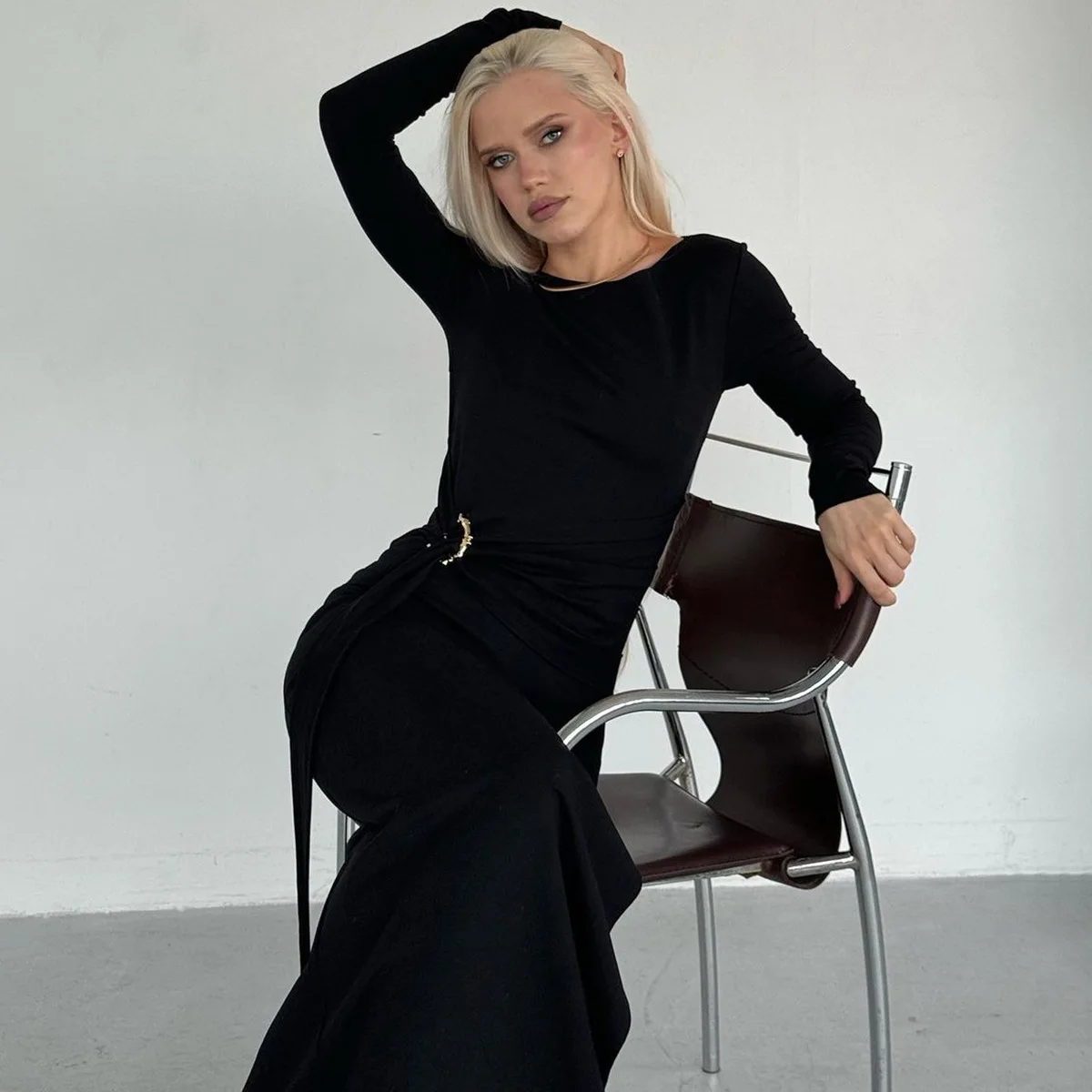 Black Fashion Lace-Up Long Dress For Women Skinny High Waist Patchwork Side Split Elegant Dress Female Party Maxi Dress