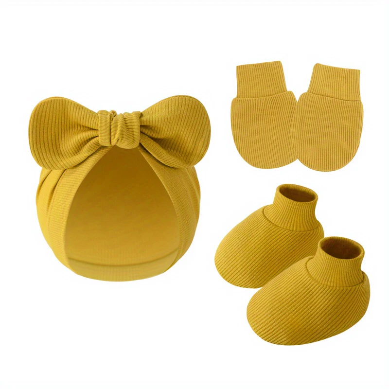 3 قطعة/المجموعة الطفل القوس قبعة قفازات الجوارب القطنية الوليد قبعة بلون بونيه للفتيات الفتيان الرضع دش الهدايا 0-6 متر