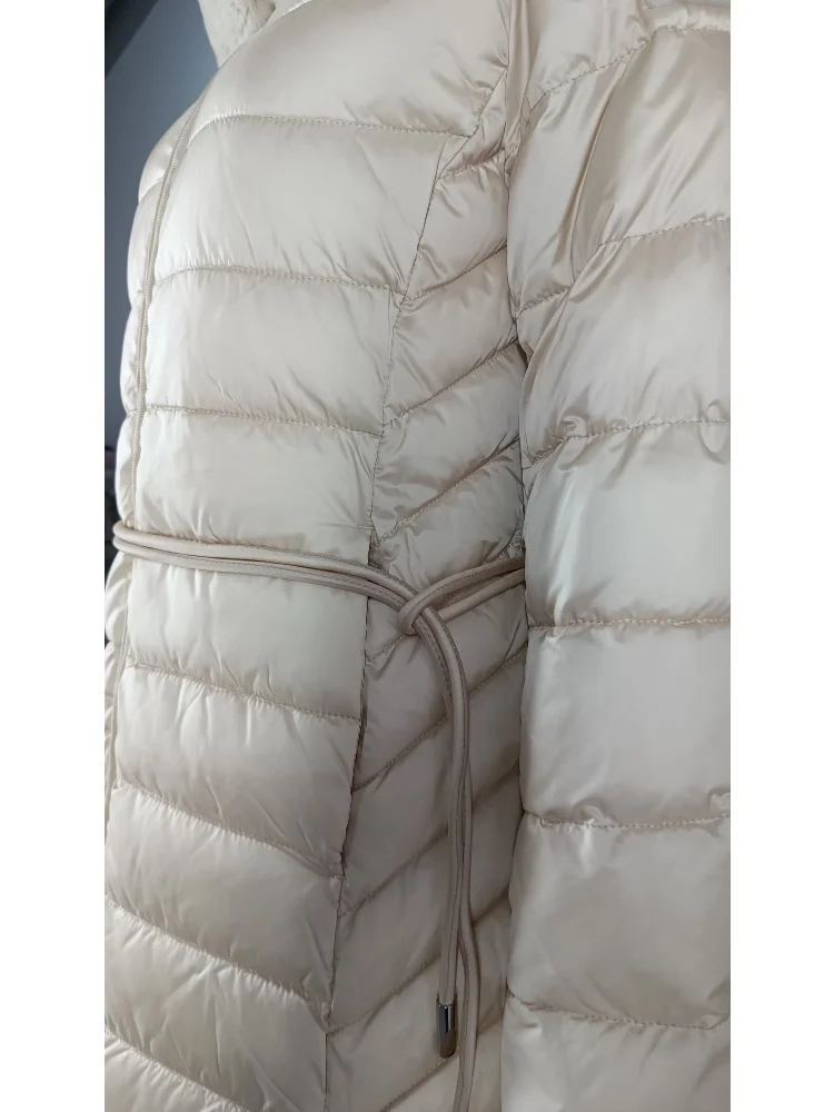 VERALBA Winter Warm Ladies Down Jacket With Fur Collar Belt Waist Collection Fashion Beige Coat Puffer Women Long Goose Female