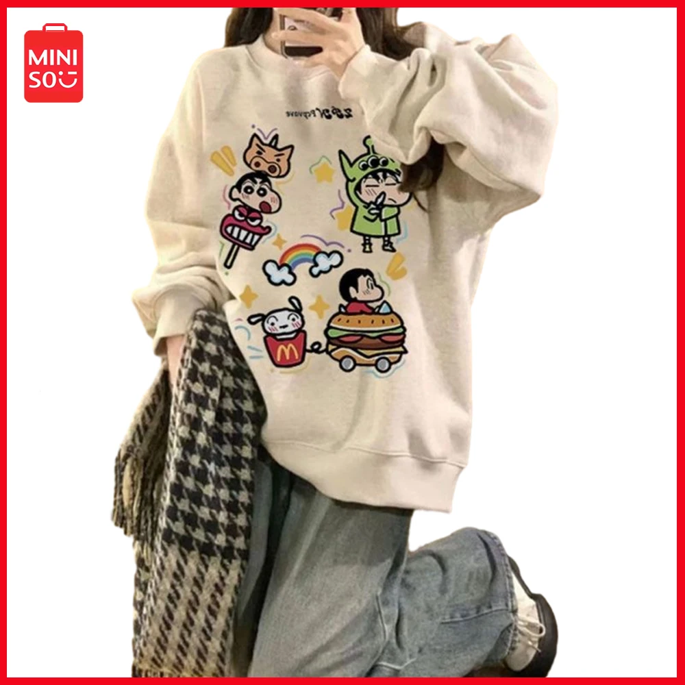 

2024 Miniso Crayon Shin Chan Cartoon Anime Korean Version Couple Round Neck Pullover Autumn/winter Fashion Long Sleeved Warm Top