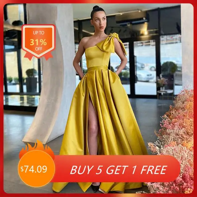 

Yellow Elegant One Shoulder Satin Evening Dresses Women Simple A line Side Slit Prom Party Gown with Bow Robes De Soirée