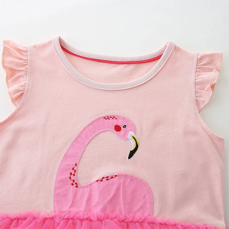 Kids Clothes Summer Children 's Clothing Baby Girls Cotton Embroidery Cartoon Flamingo Multilayer Mesh Dresses