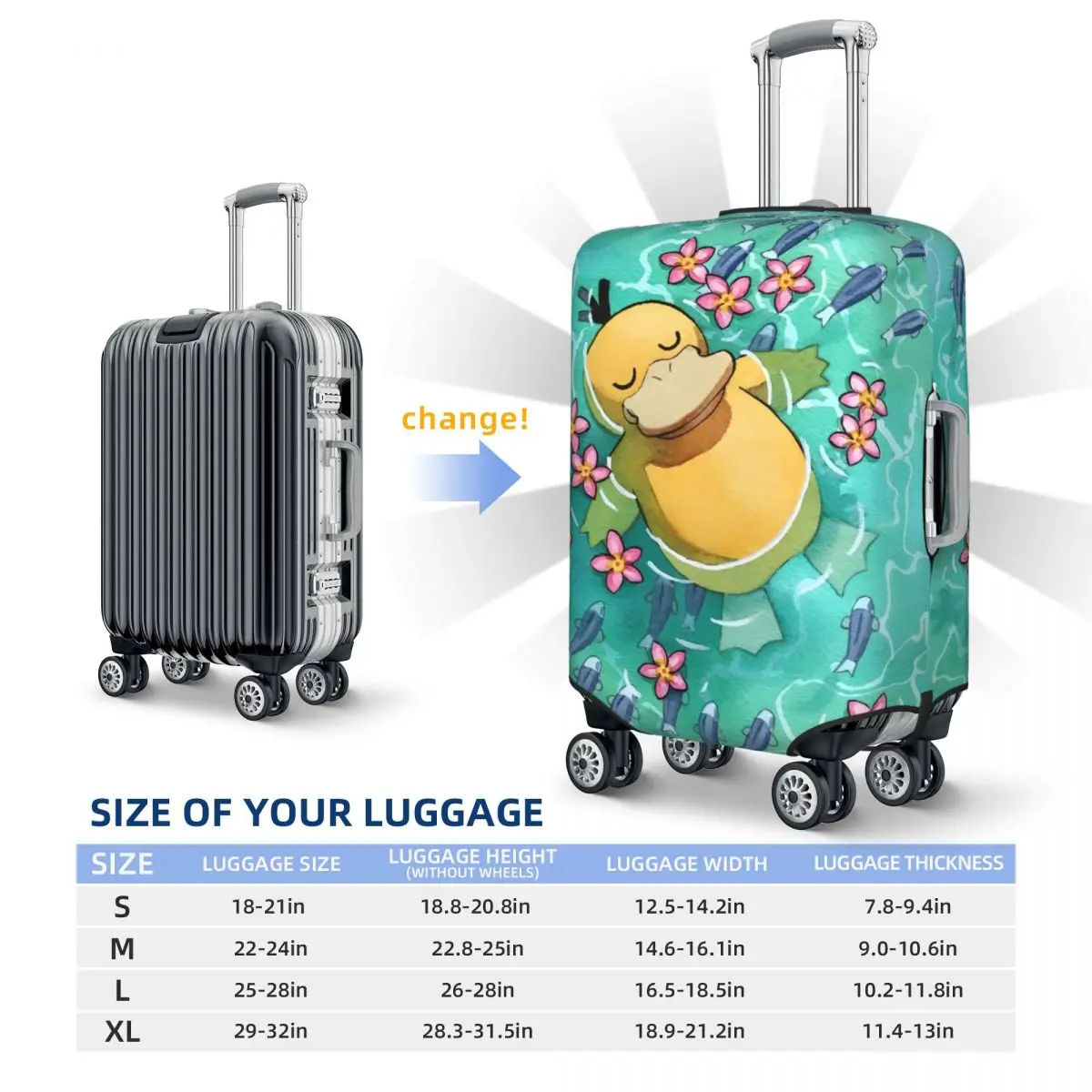 Game Pokemon Psyduck Printed Suitcase Cover Vacation Business Useful Luggage Supplies Protection 6