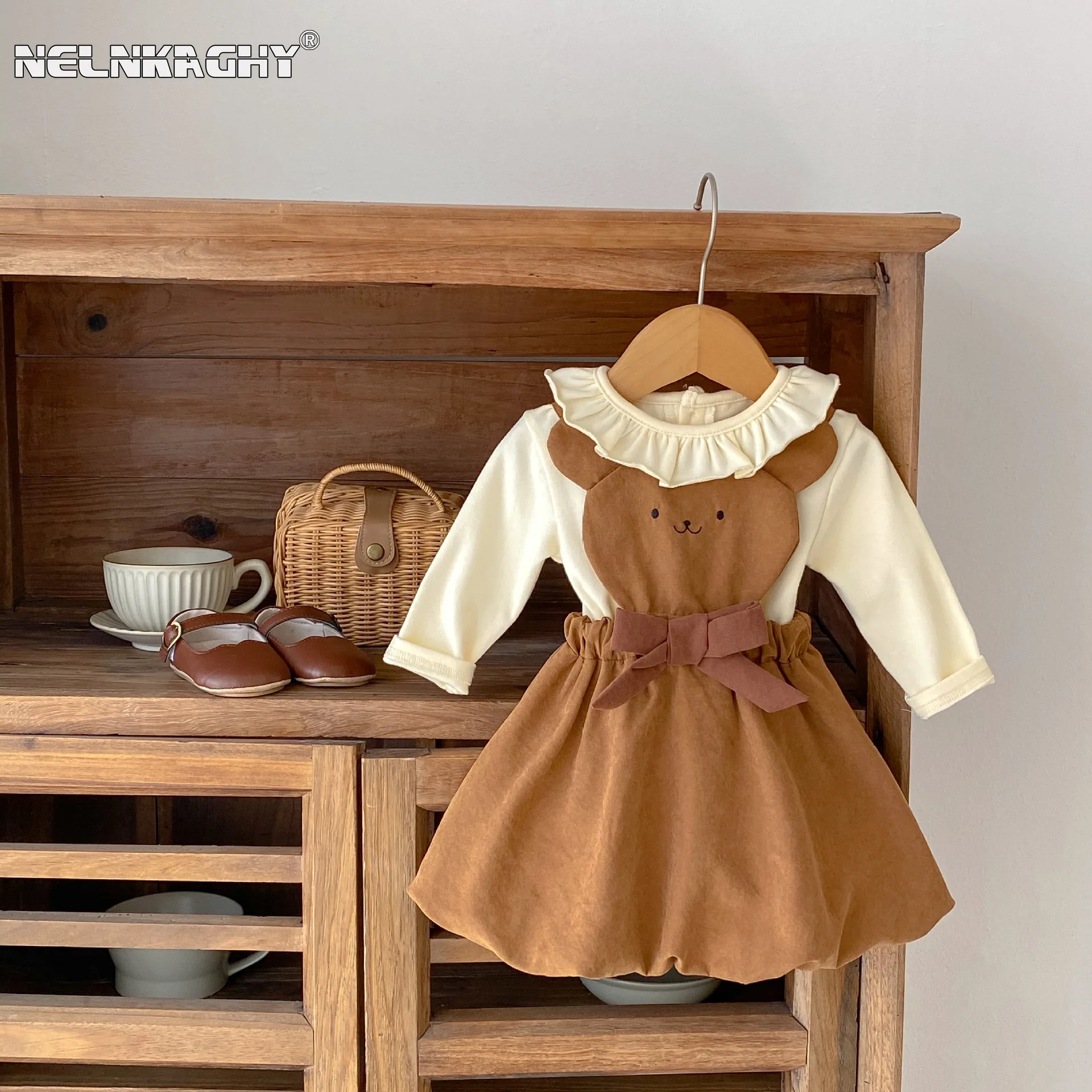 

2023 Autumn Outfit for Infant Toddler Girls: Ruffled Collar Base Shirt + Bear Suspender Lantern Skirt Kids Baby Clothing 0-3Y