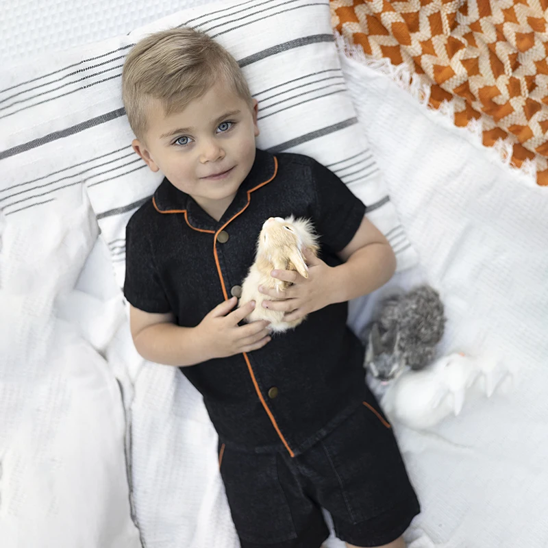 Ali Plus New SS25 Black denim with orange trim girls dress romper boys built up shirt and pants boy and girl ribbed orange top 6
