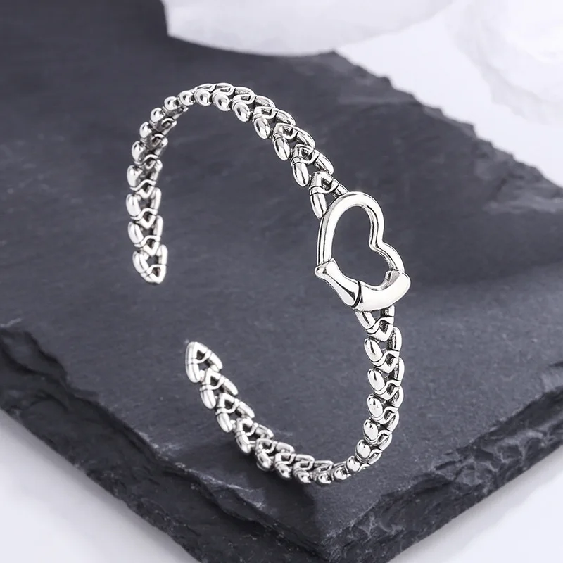

925 Sterling Silver Simple Chain Interlocking Retro Woven Love Vintage Bracelet Jewelry for Women Girls Party Daily Accessories
