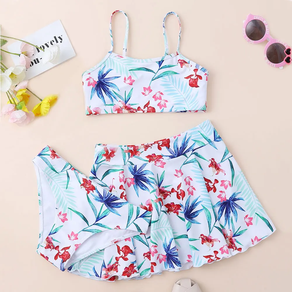 

3pack Floral Girl Bikini Swimsuit Kids with Cover Beach Skirt Crop Top Children's Swimwear 7-14Years Bathing Suit Beachwear 2022