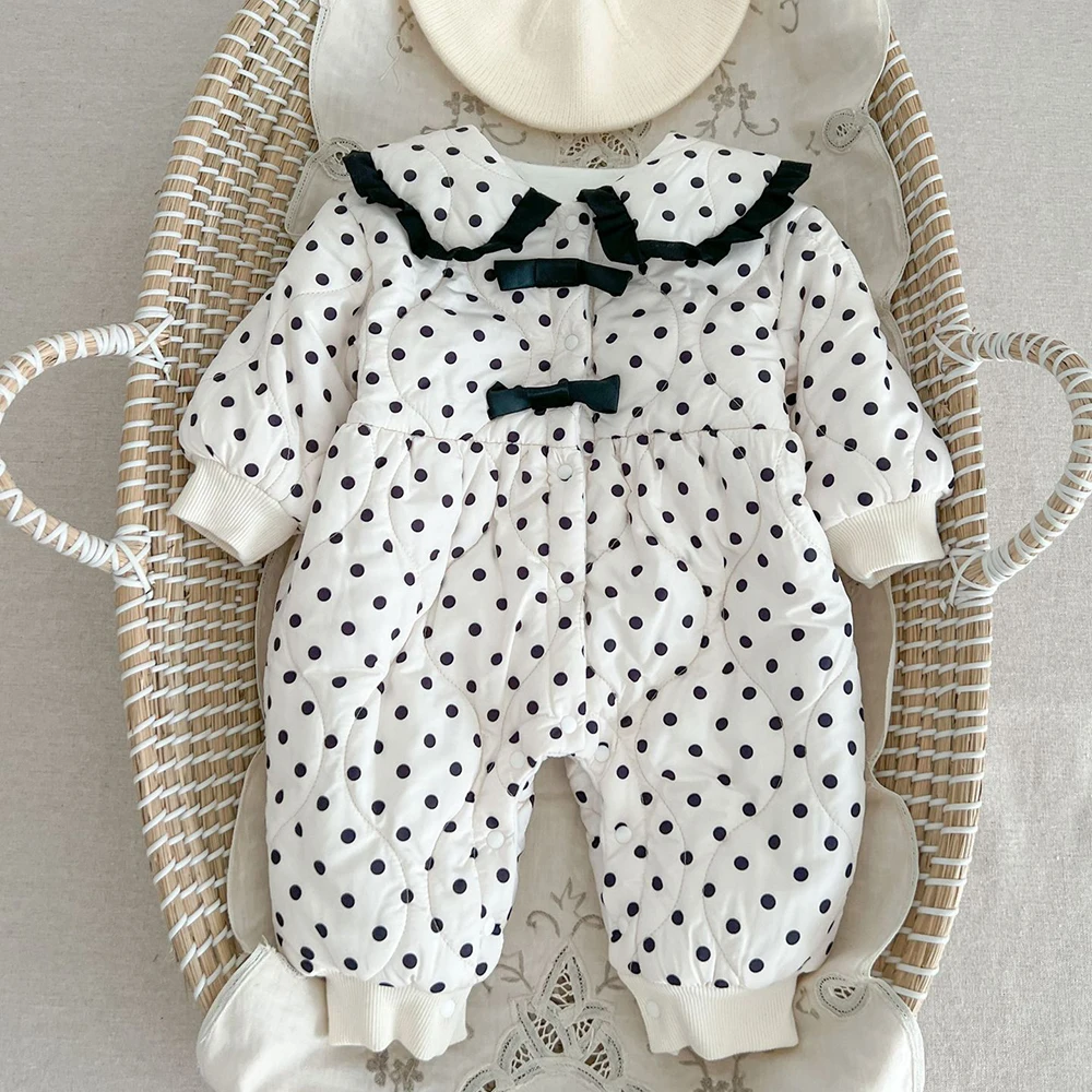 

Cute Black Dots Print Girls Romper Winter Thicken Velvet Long Sleeve Toddler Overalls Soft Warm Newborn Infant Bodysuit 0-24M