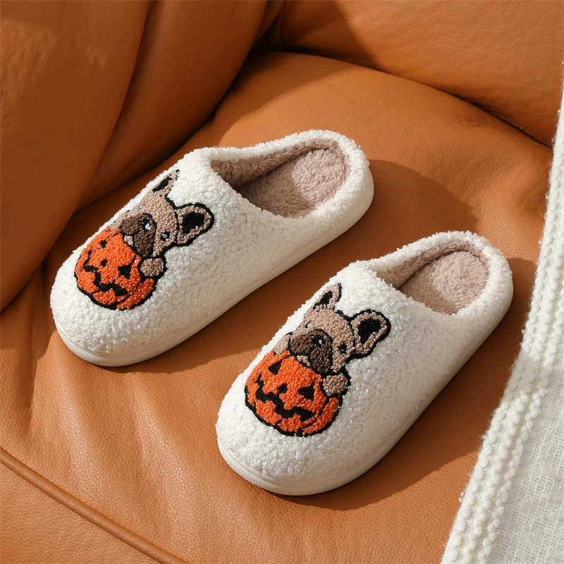 Cartoon Ghost Cotton Slippers for Women 2025 Light Round Toe Halloween Women's Slippers Faux Fur Warm Plush Home Slides Woman