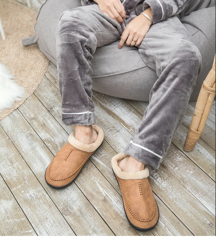 Men Winter Warm Fur Slippers House Non-Slip Soft Shoes Men Comfort Flat Heel Slides Home Indoor Bedroom Zapatillas Casa Mujer
