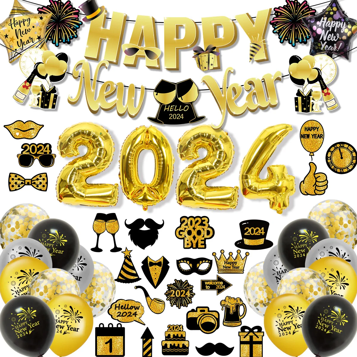 

2024 New Year Theme Party Decoration New Year's Day Happy New Year Flag Pulling Cross Year Photography Props Balloon Set