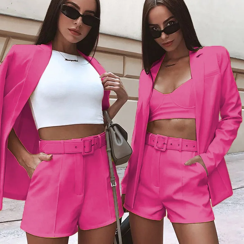 Fashion Commuting Shorts Blazer Two Piece Set Women Spring Summer New Fashion Solid Color Long Sleeve Coat Belt Short Pants Sets