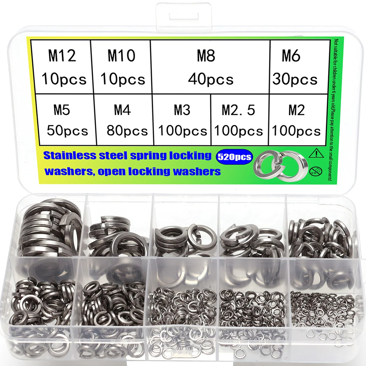 Deluxe Stainless Steel Spring Lock Washers Set - 520-Piece Assortment for Automotive and Machinery Repair