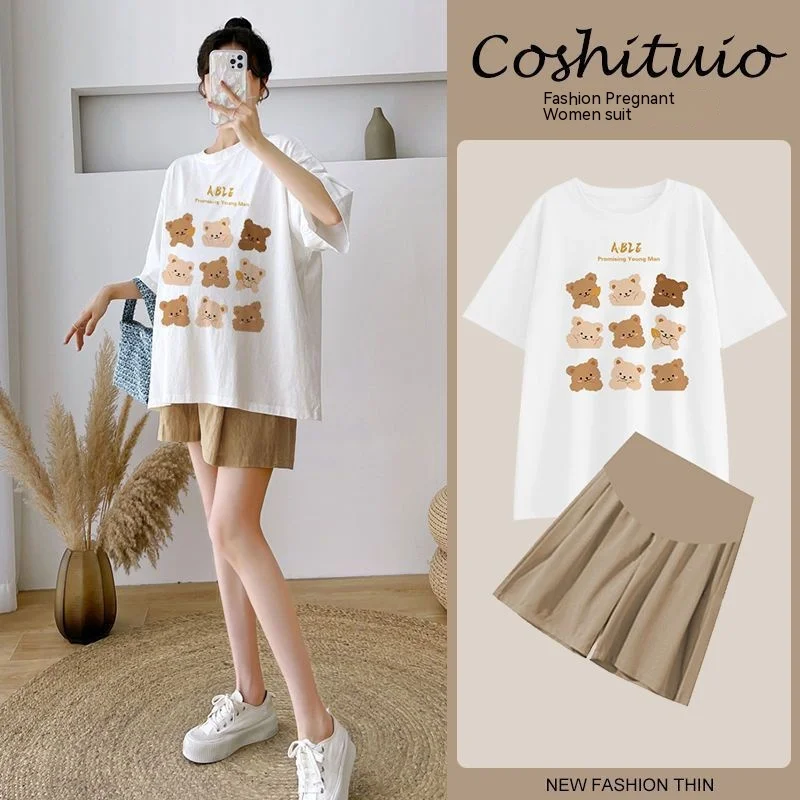 Maternity Two-Piece Summer Korean Version of the Cartoon Bear Fashion Models Cover Belly Tops Pregnancy Outer Wear Maternity Suit