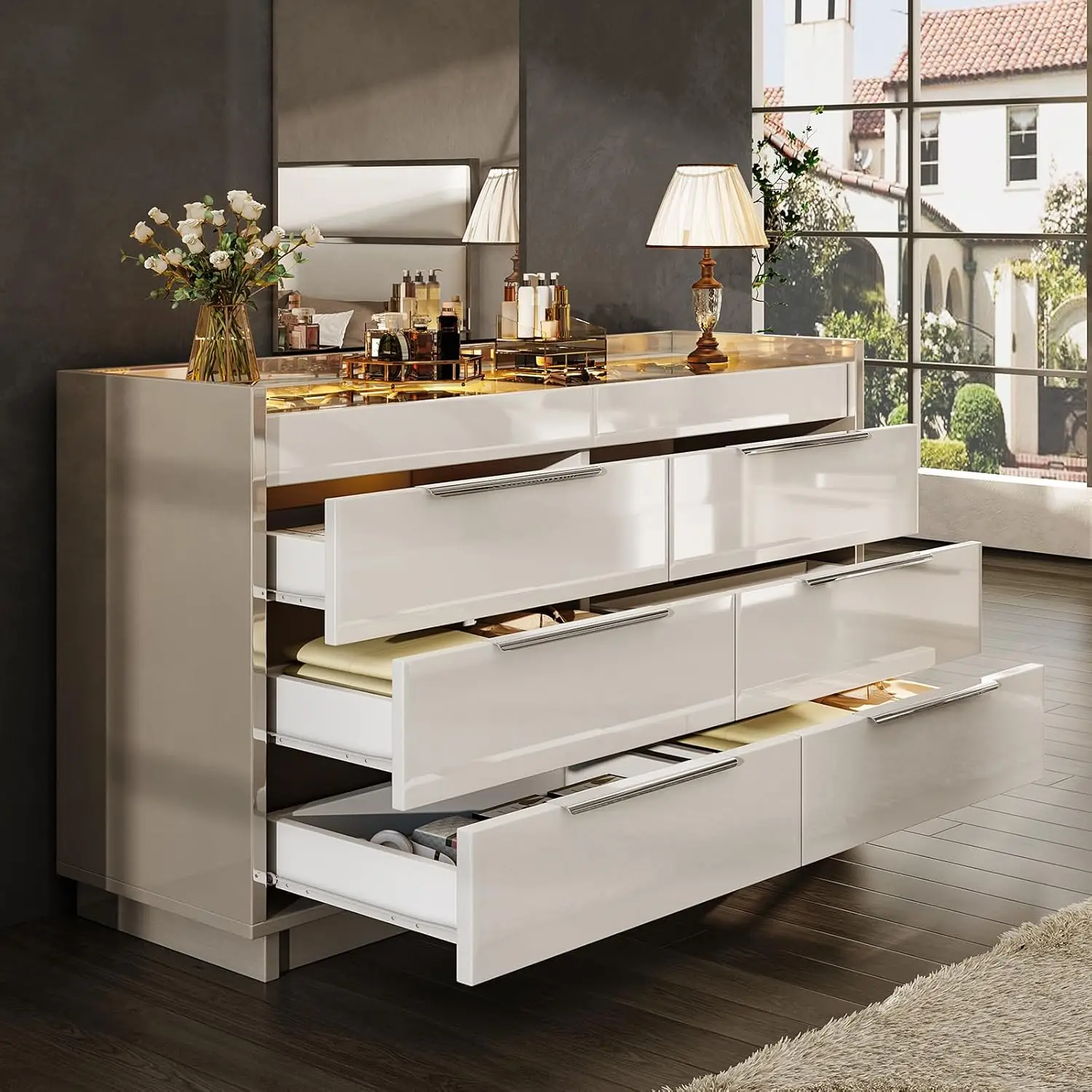 XMSJ 8 Drawer Dresser with LED Light and Glass Top - side view