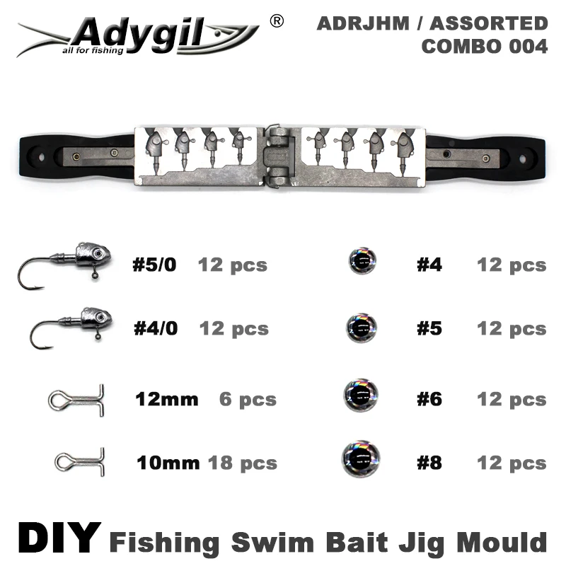 

Adygil DIY Fishing 97 pcs Swim Bait Jig Head Mould ADRJHM/ASSORTED COMBO 4 Cavities 1/4oz 1/2oz 3/4oz 1oz