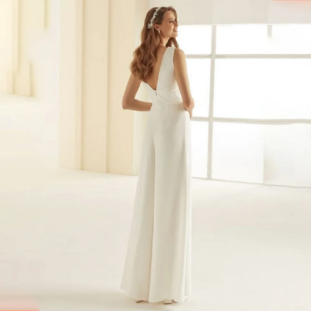 Ramanda Elegant Wedding Jumpsuit Simple Wedding Dresses For Women  V Neck Boho Wedding Gown 2025 Beach Bridal Gown Customized 2