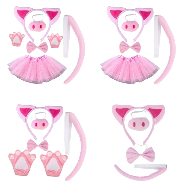 

634C Pig Costume Set Pig Ears Headband Pig Tail Nose Bow Tie Halloween Party Decor