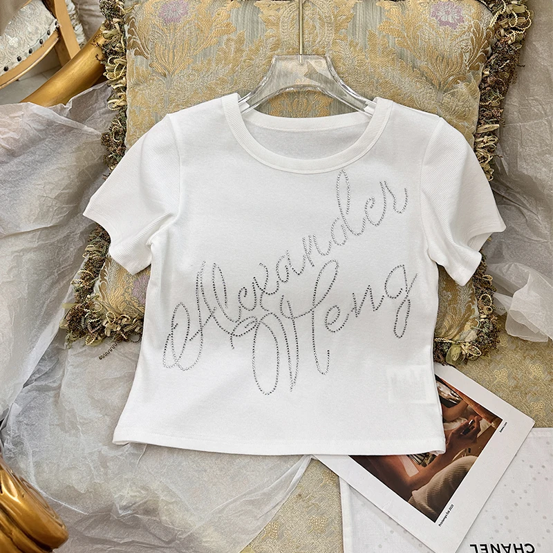 

2024 Summer Youth Girls Miu Style Short sleeved Top English Letter Diamond Short Shirt Close fitting T-shirt Women's Trend